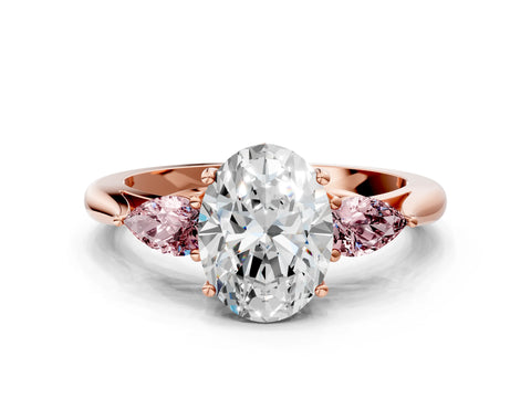 Rose gold Oval Cut Diamond Three-Stone Ring with Pear with Morganite side stone Side Stones and Prong Setting