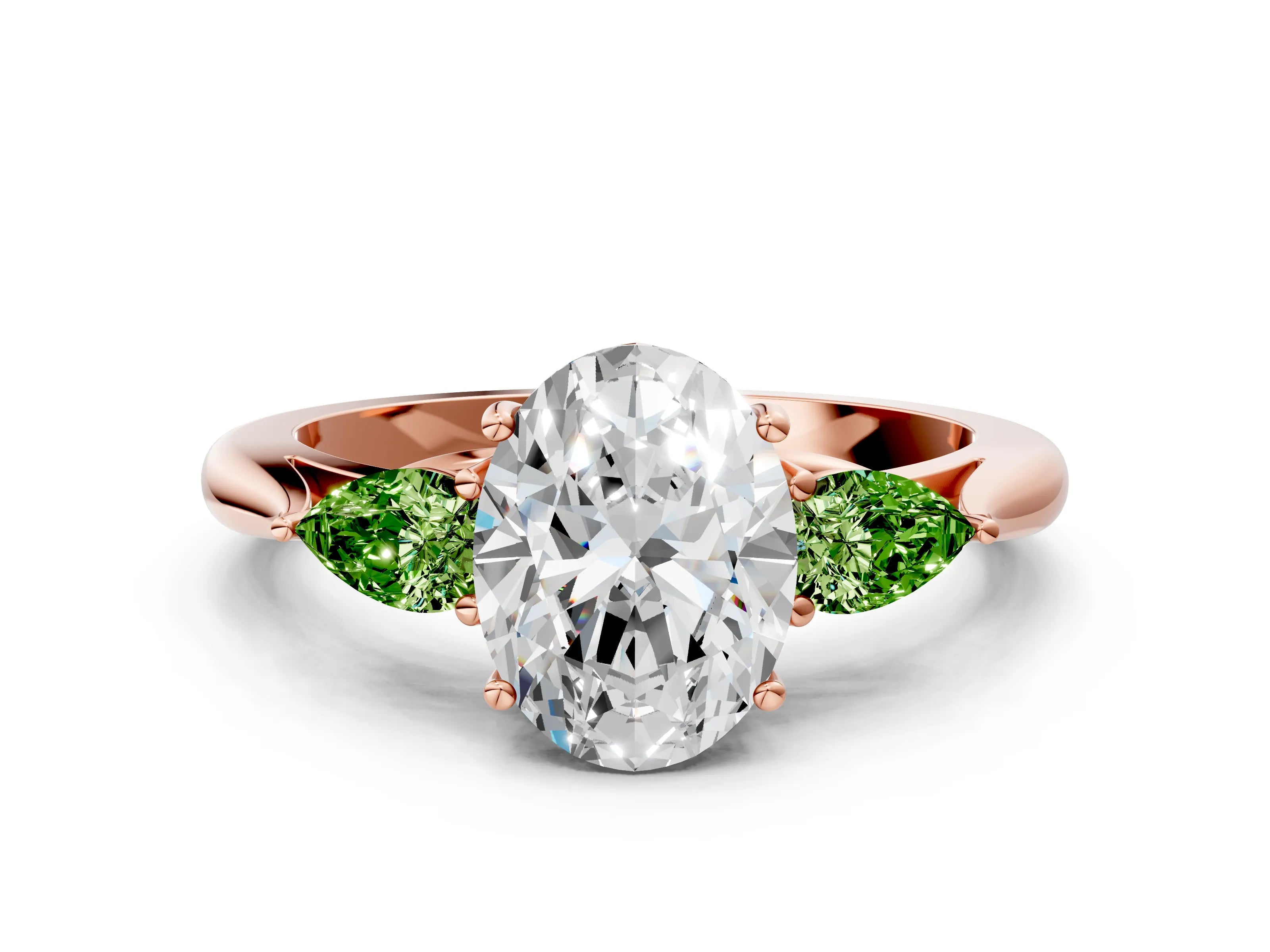 Rose gold Oval Cut Diamond Three-Stone Ring with Pear with Peridot side stone Side Stones and Prong Setting