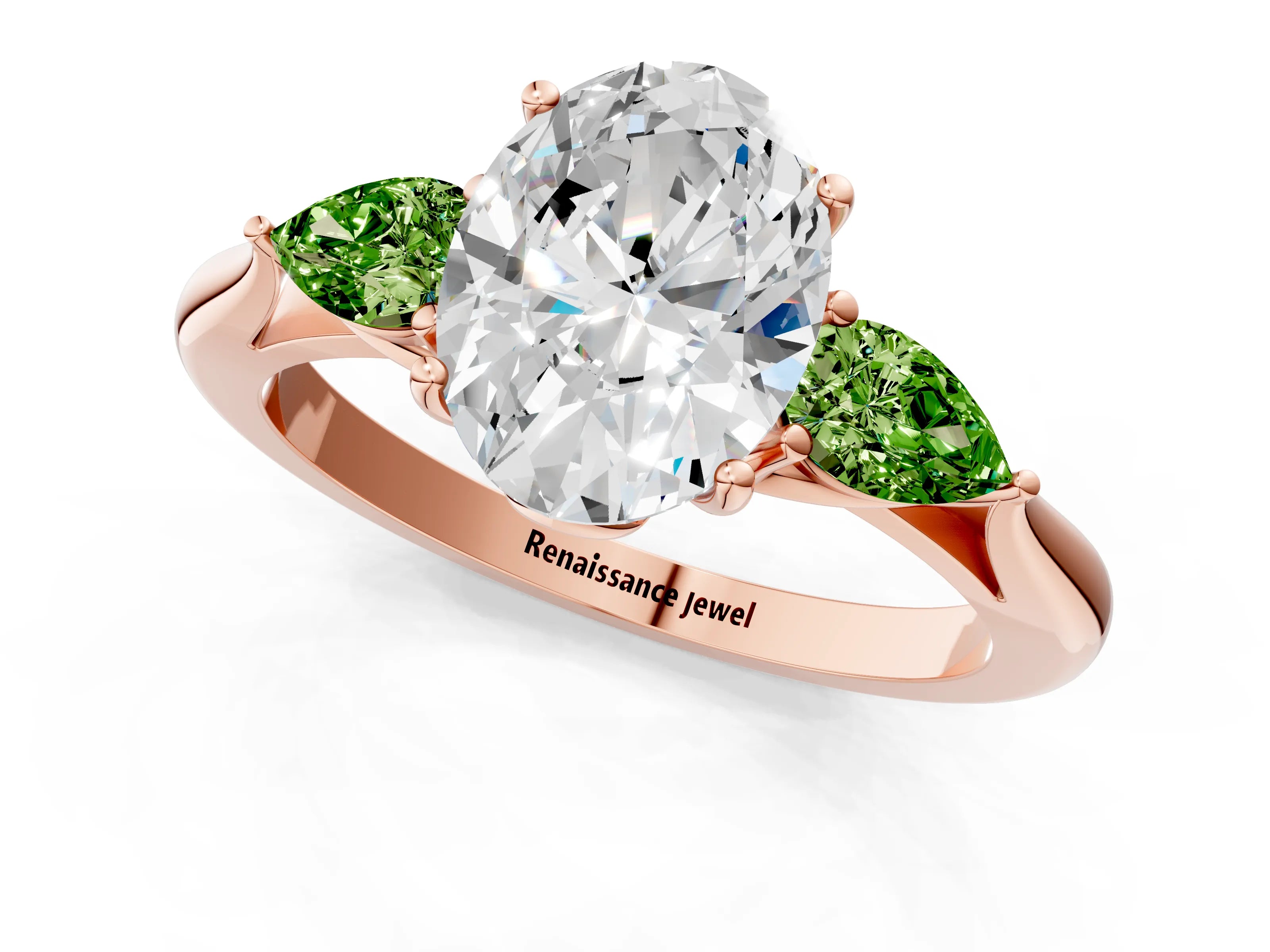 Rose gold Oval Cut Diamond Three-Stone Ring with Pear with Peridot side stone Side Stones and Prong Setting_1