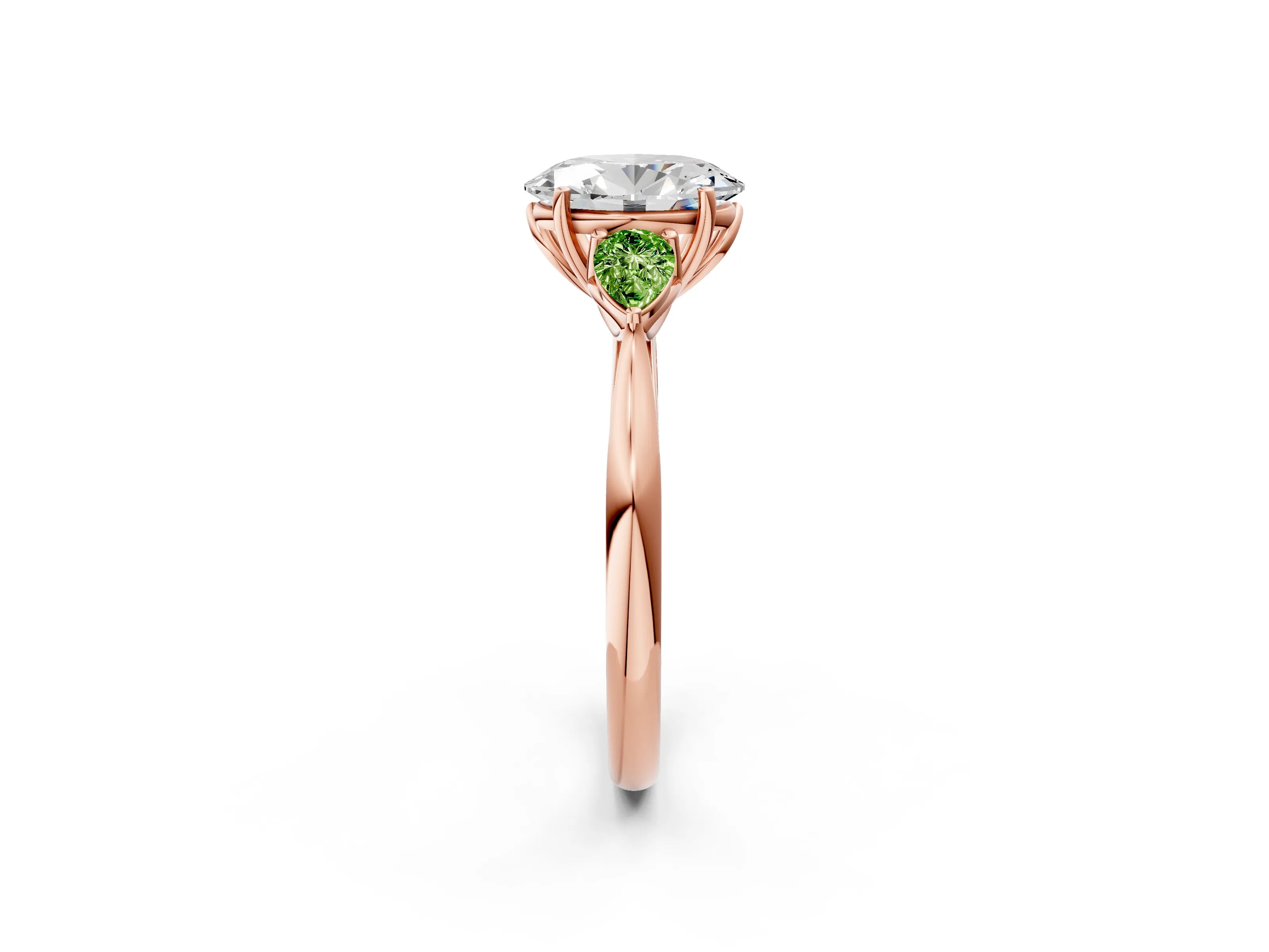 Rose gold Oval Cut Diamond Three-Stone Ring with Pear with Peridot side stone Side Stones and Prong Setting_2