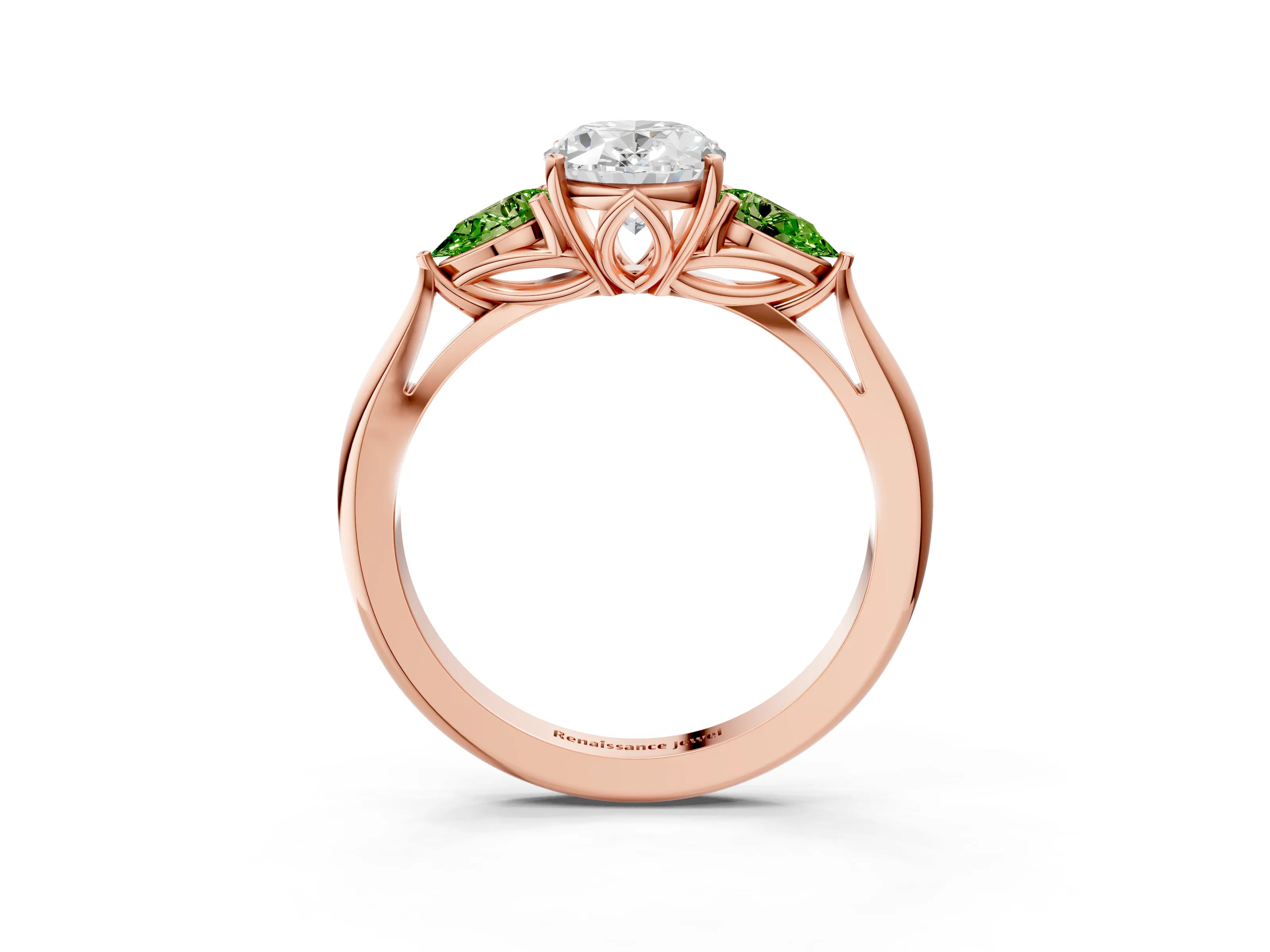 Rose gold Oval Cut Diamond Three-Stone Ring with Pear with Peridot side stone Side Stones and Prong Setting_3