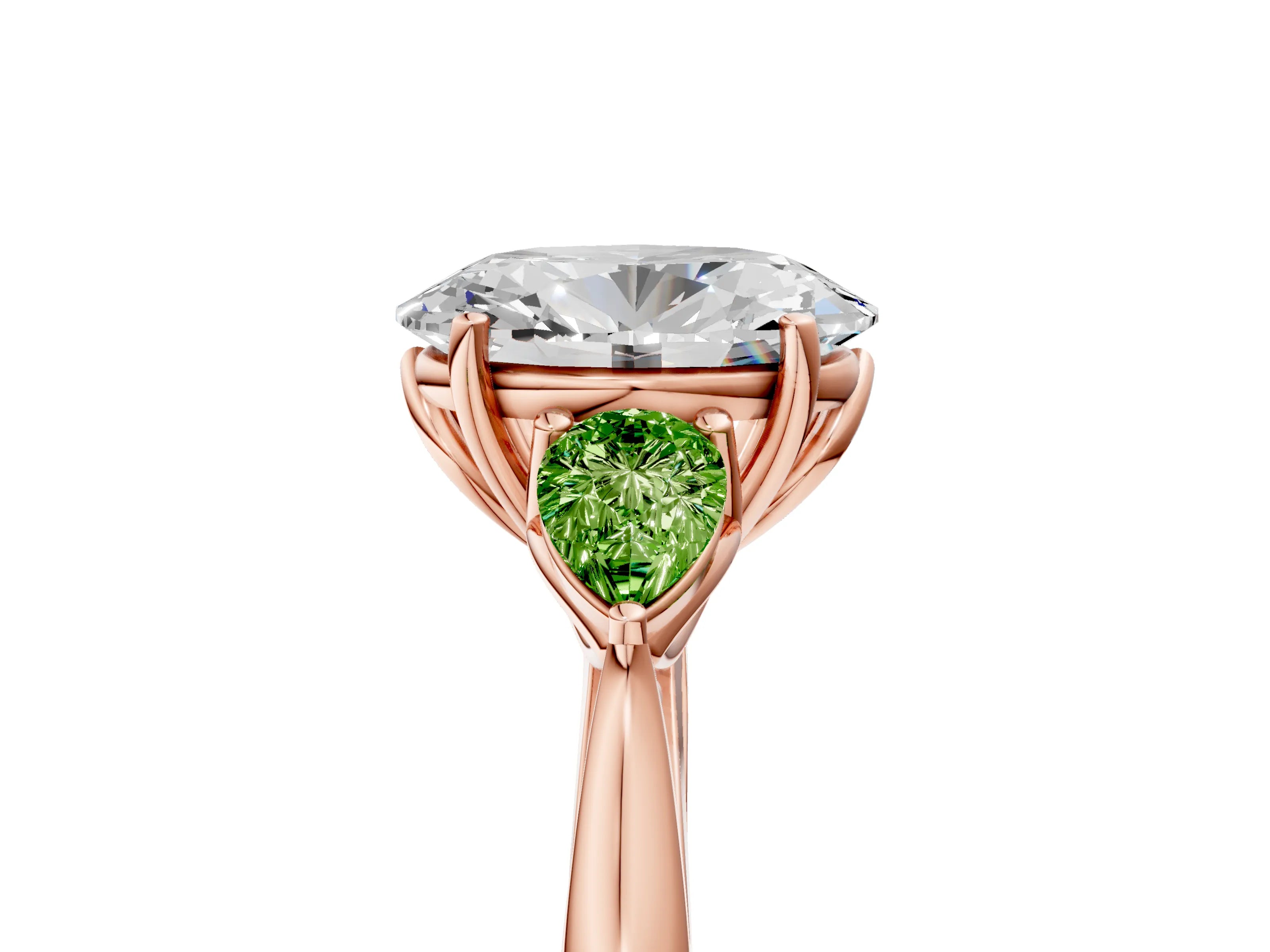 Rose gold Oval Cut Diamond Three-Stone Ring with Pear with Peridot side stone Side Stones and Prong Setting_5