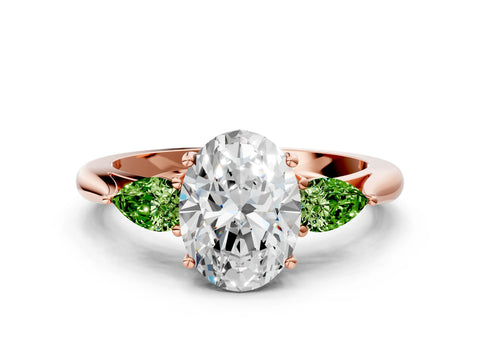 Rose gold Oval Cut Diamond Three-Stone Ring with Pear with Peridot side stone Side Stones and Prong Setting