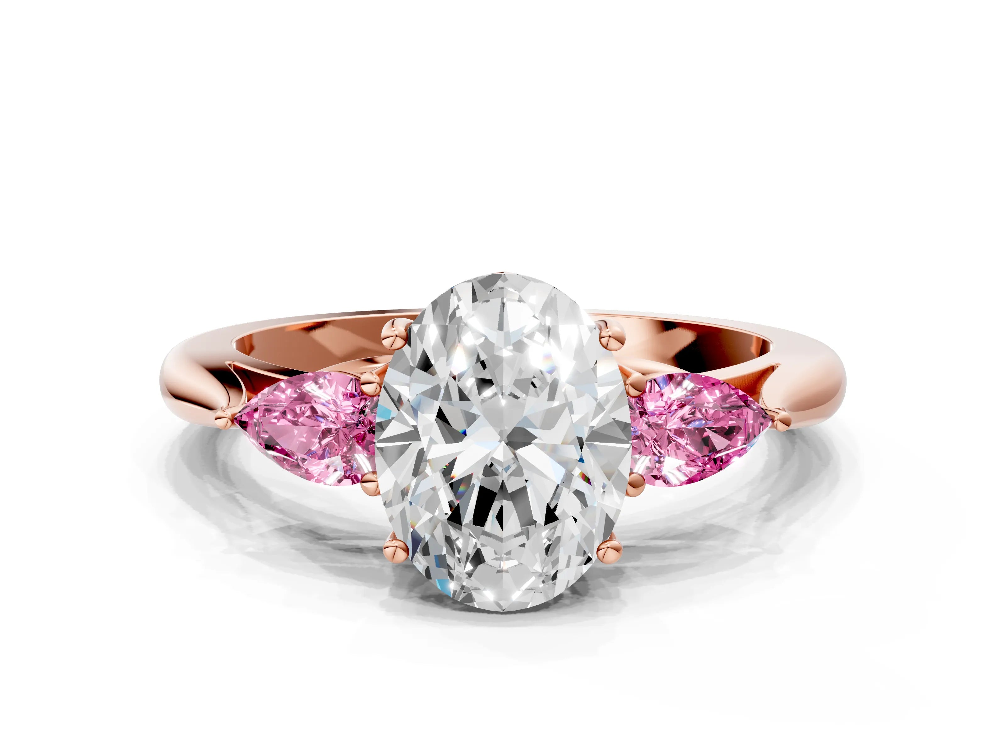 Rose gold Oval Cut Diamond Three-Stone Ring with Pear with Pink Sapphire side stone Side Stones and Prong Setting