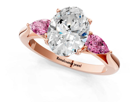 Rose gold Oval Cut Diamond Three-Stone Ring with Pear with Pink Sapphire side stone Side Stones and Prong Setting_1