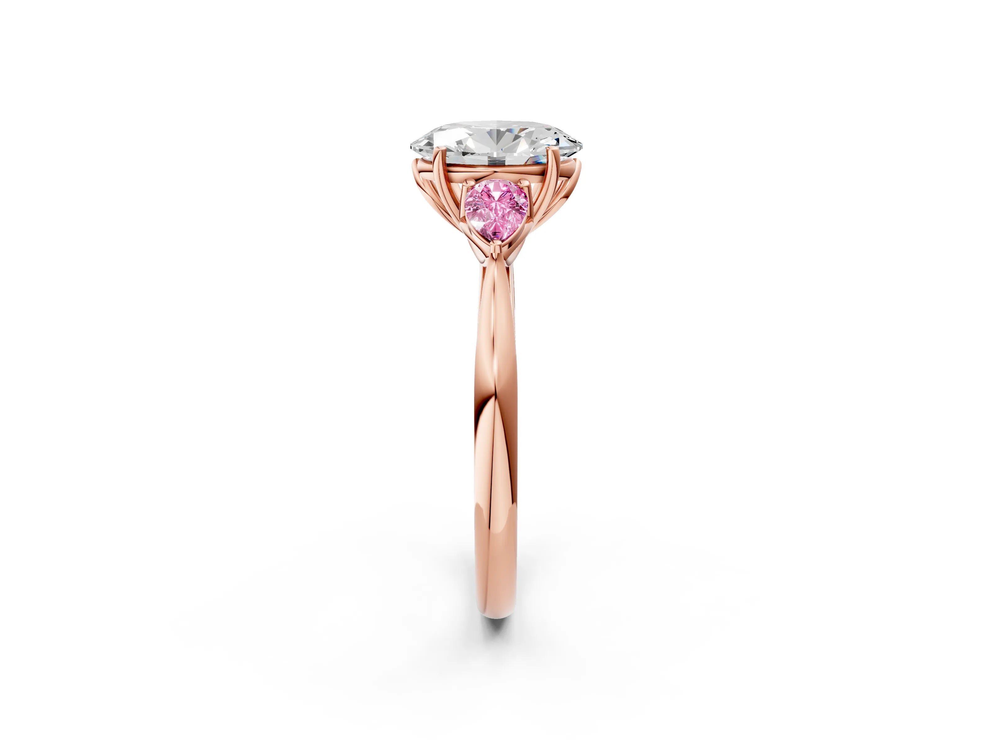 Rose gold Oval Cut Diamond Three-Stone Ring with Pear with Pink Sapphire side stone Side Stones and Prong Setting_2