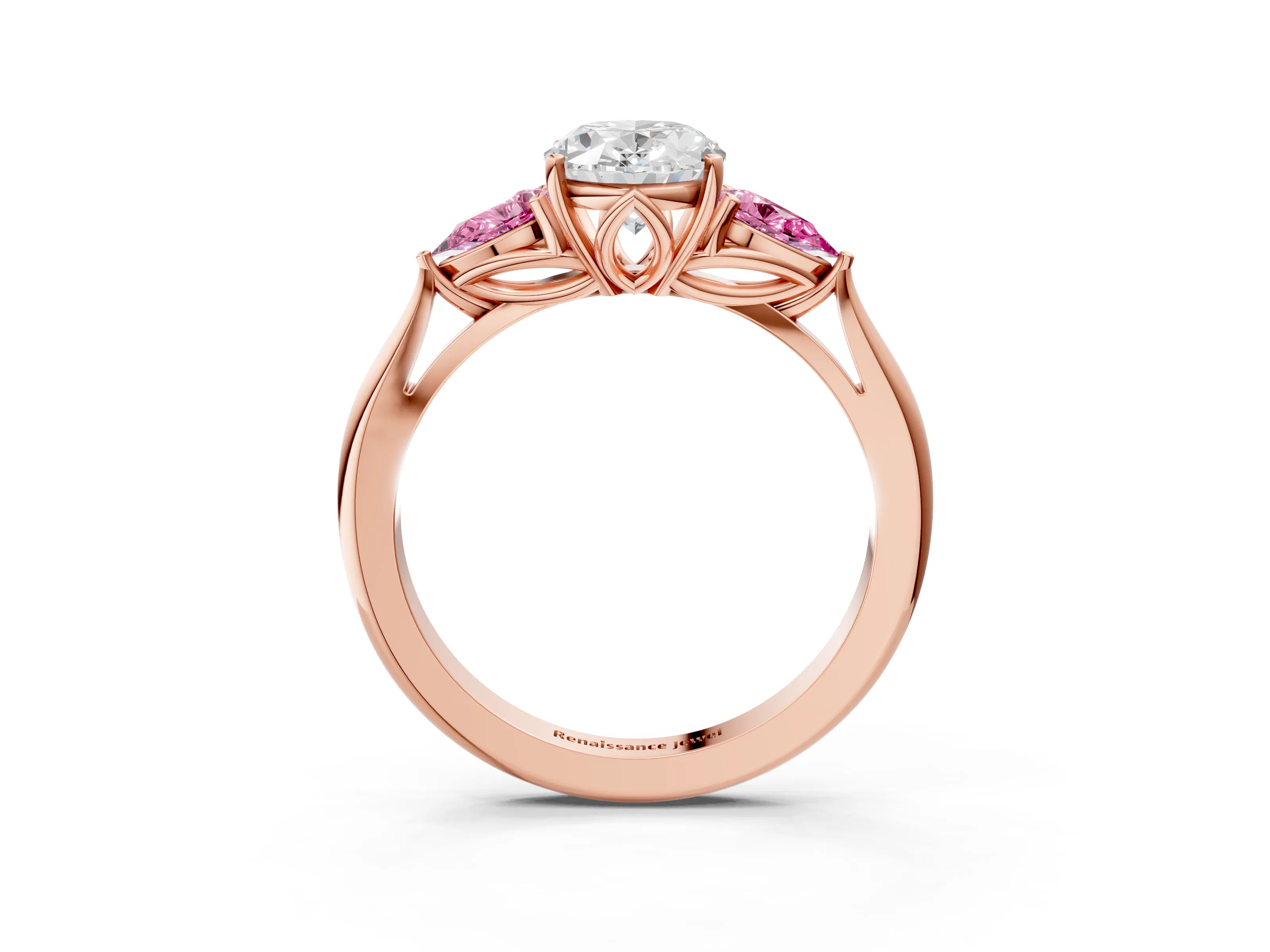 Rose gold Oval Cut Diamond Three-Stone Ring with Pear with Pink Sapphire side stone Side Stones and Prong Setting_3