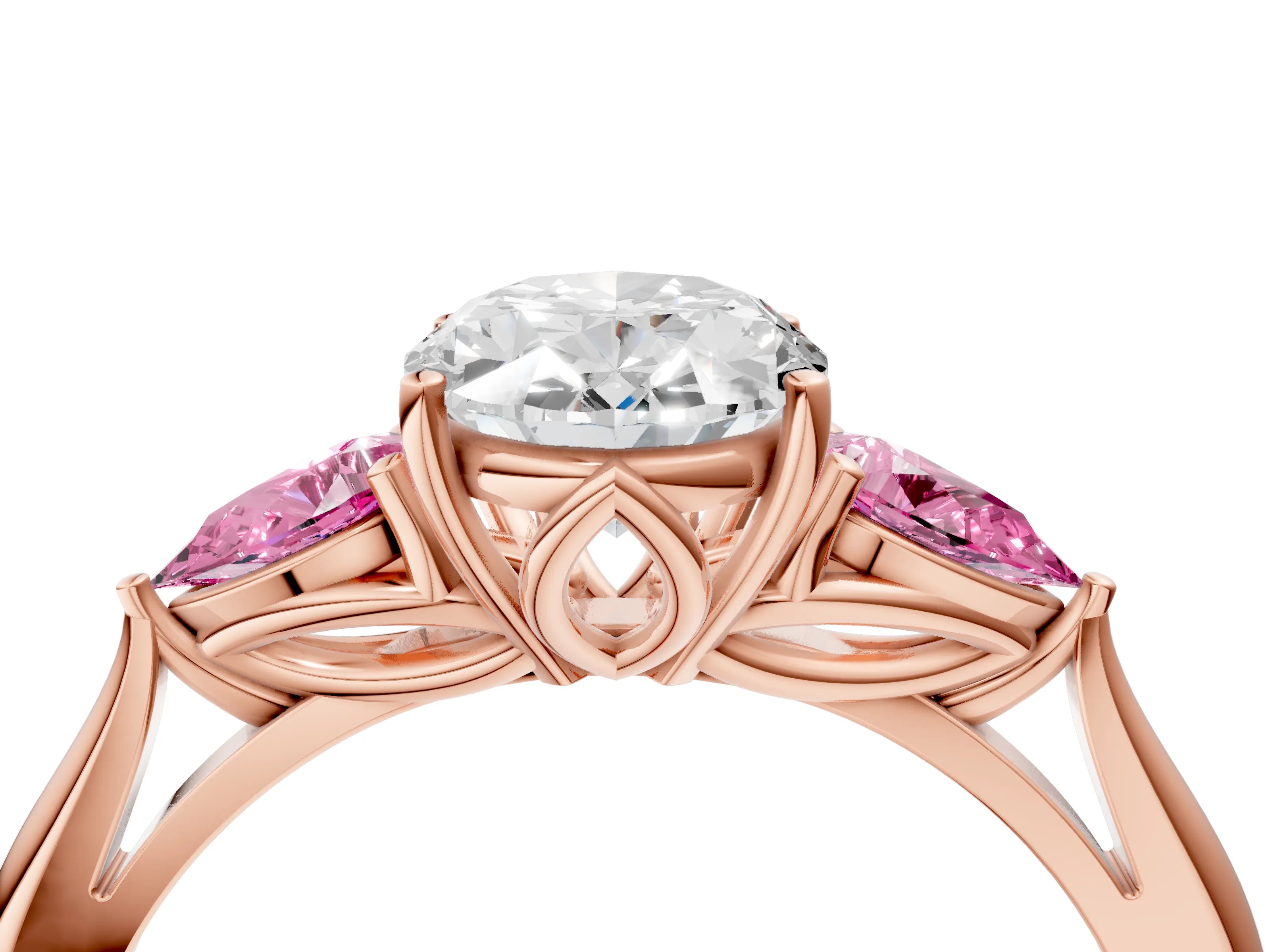 Rose gold Oval Cut Diamond Three-Stone Ring with Pear with Pink Sapphire side stone Side Stones and Prong Setting_4