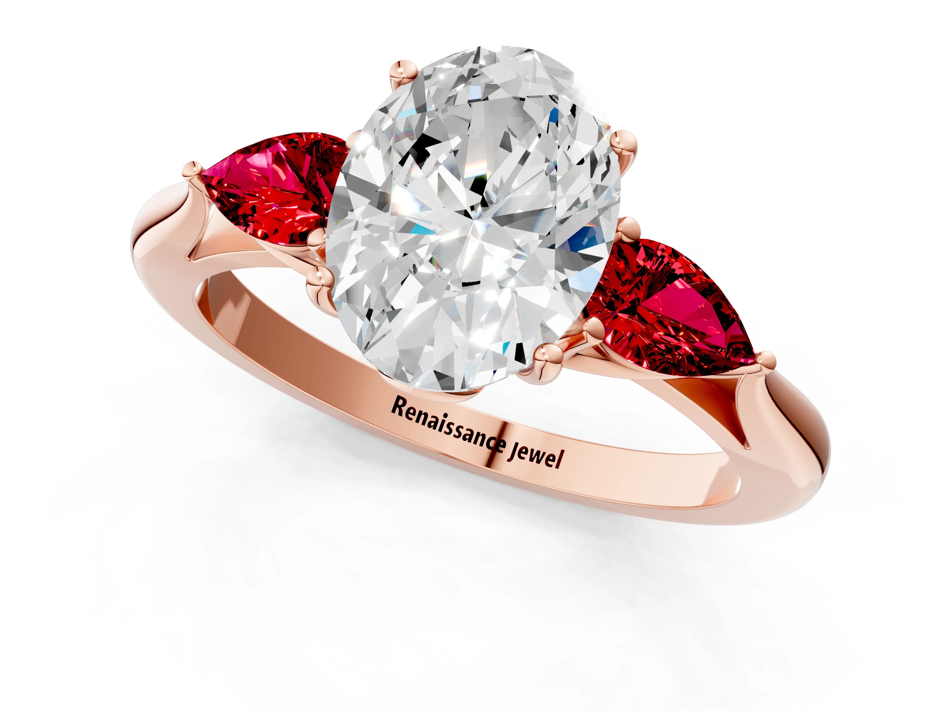Rose gold Oval Cut Diamond Three-Stone Ring with Pear with Ruby side stone Side Stones and Prong Setting_1
