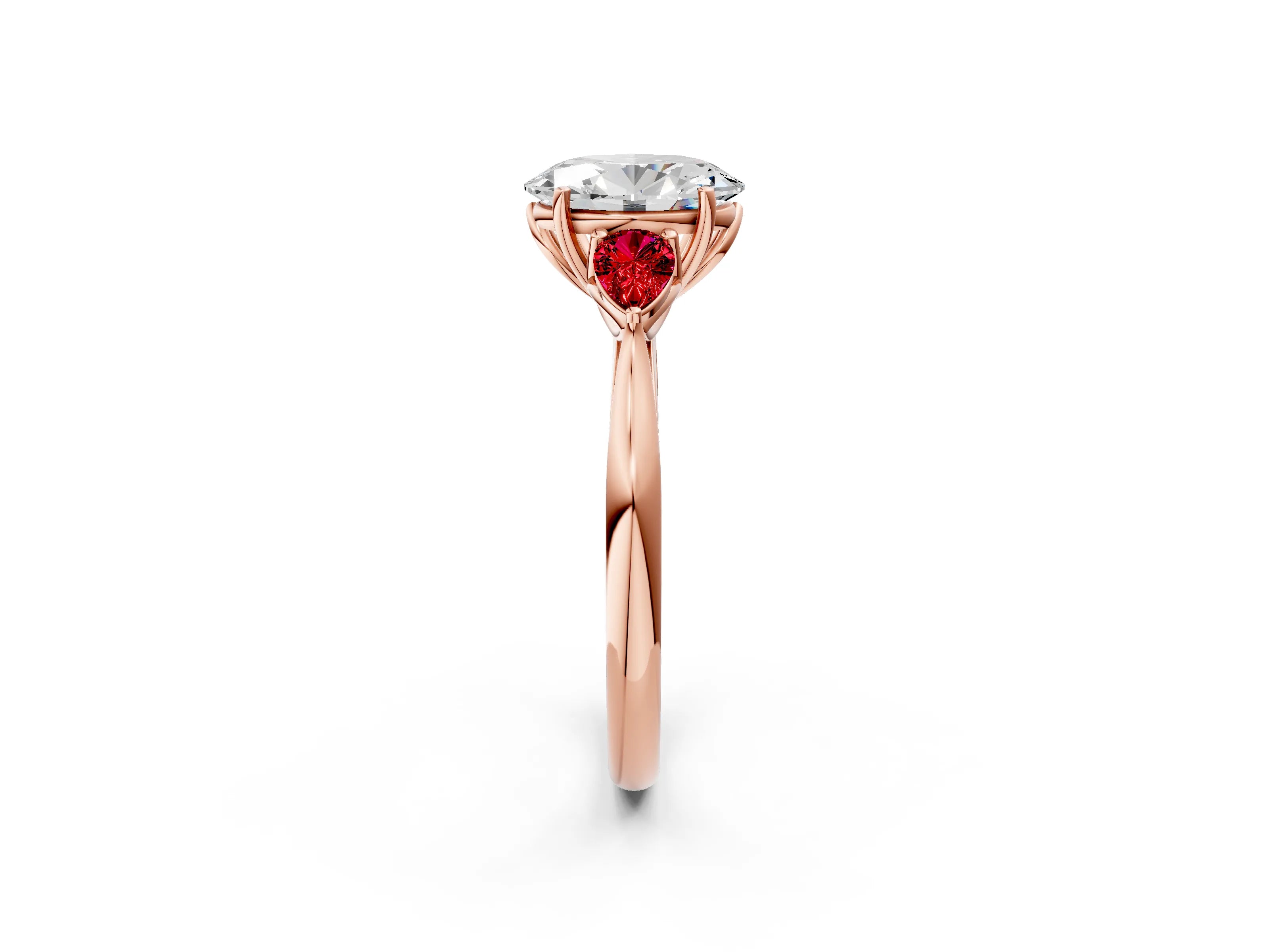 Rose gold Oval Cut Diamond Three-Stone Ring with Pear with Ruby side stone Side Stones and Prong Setting_2