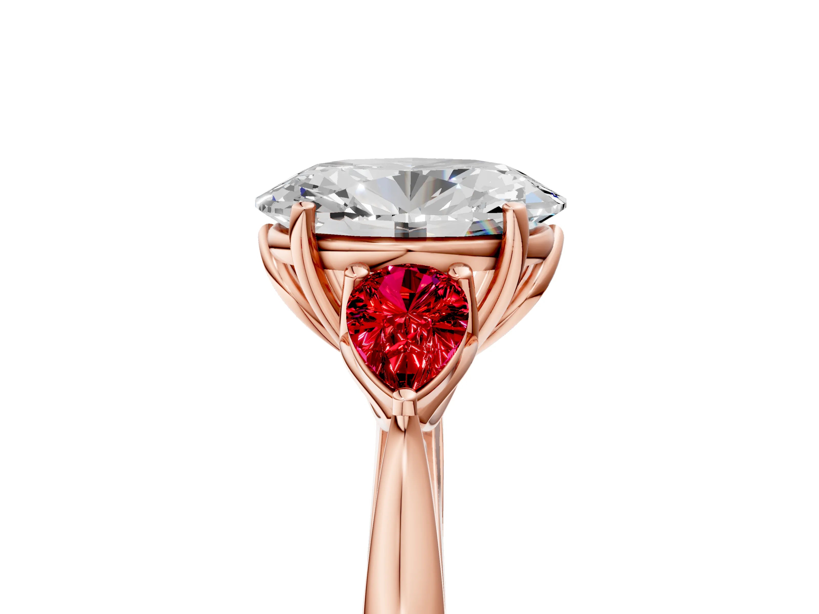Rose gold Oval Cut Diamond Three-Stone Ring with Pear with Ruby side stone Side Stones and Prong Setting_5