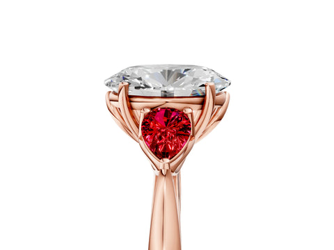 Rose gold Oval Cut Diamond Three-Stone Ring with Pear with Ruby side stone Side Stones and Prong Setting_5