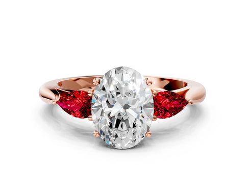 Rose gold Oval Cut Diamond Three-Stone Ring with Pear with Ruby side stone Side Stones and Prong Setting