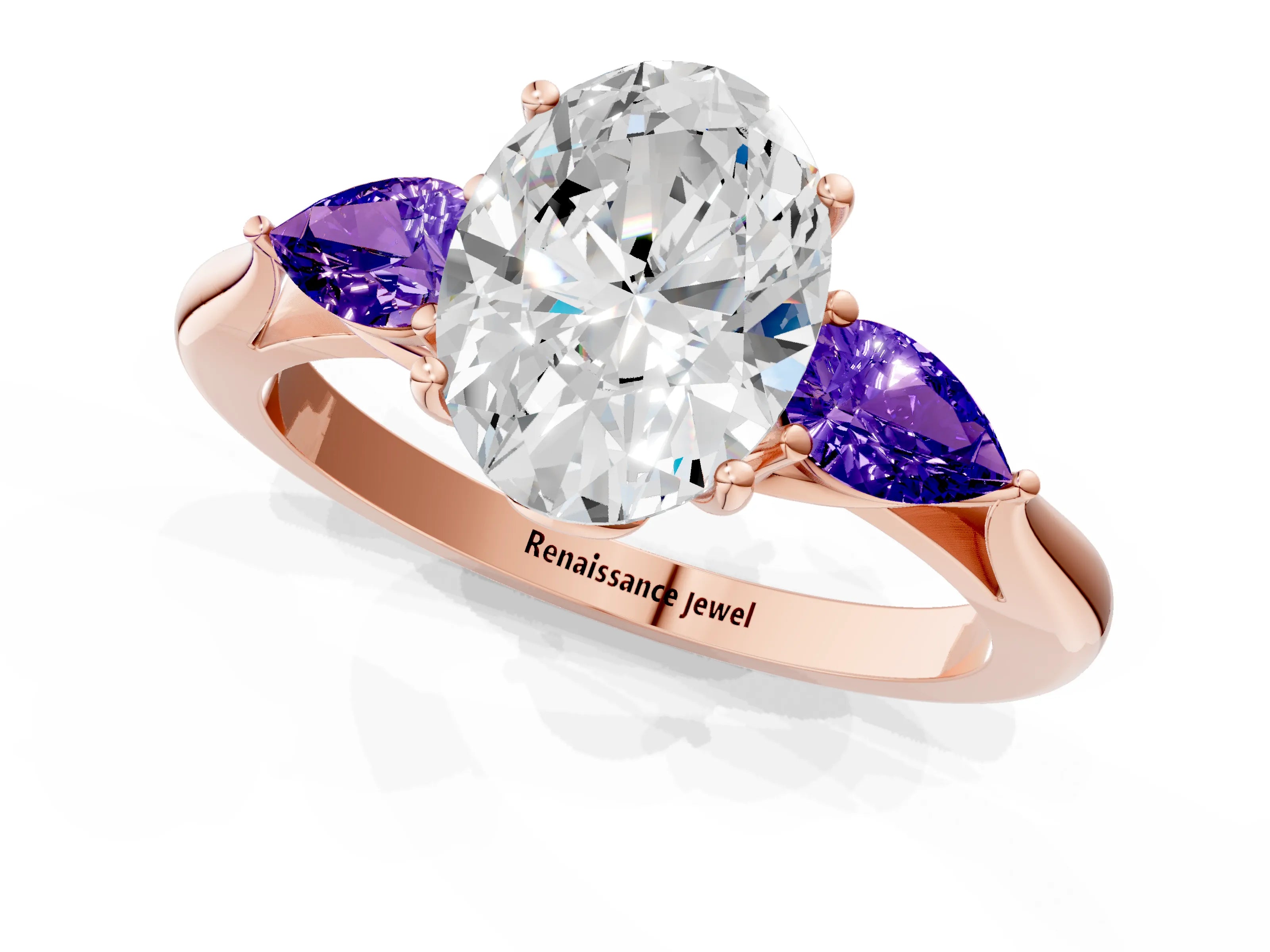 Rose gold Oval Cut Diamond Three-Stone Ring with Pear with Tanzanite side stone Side Stones and Prong Setting_1