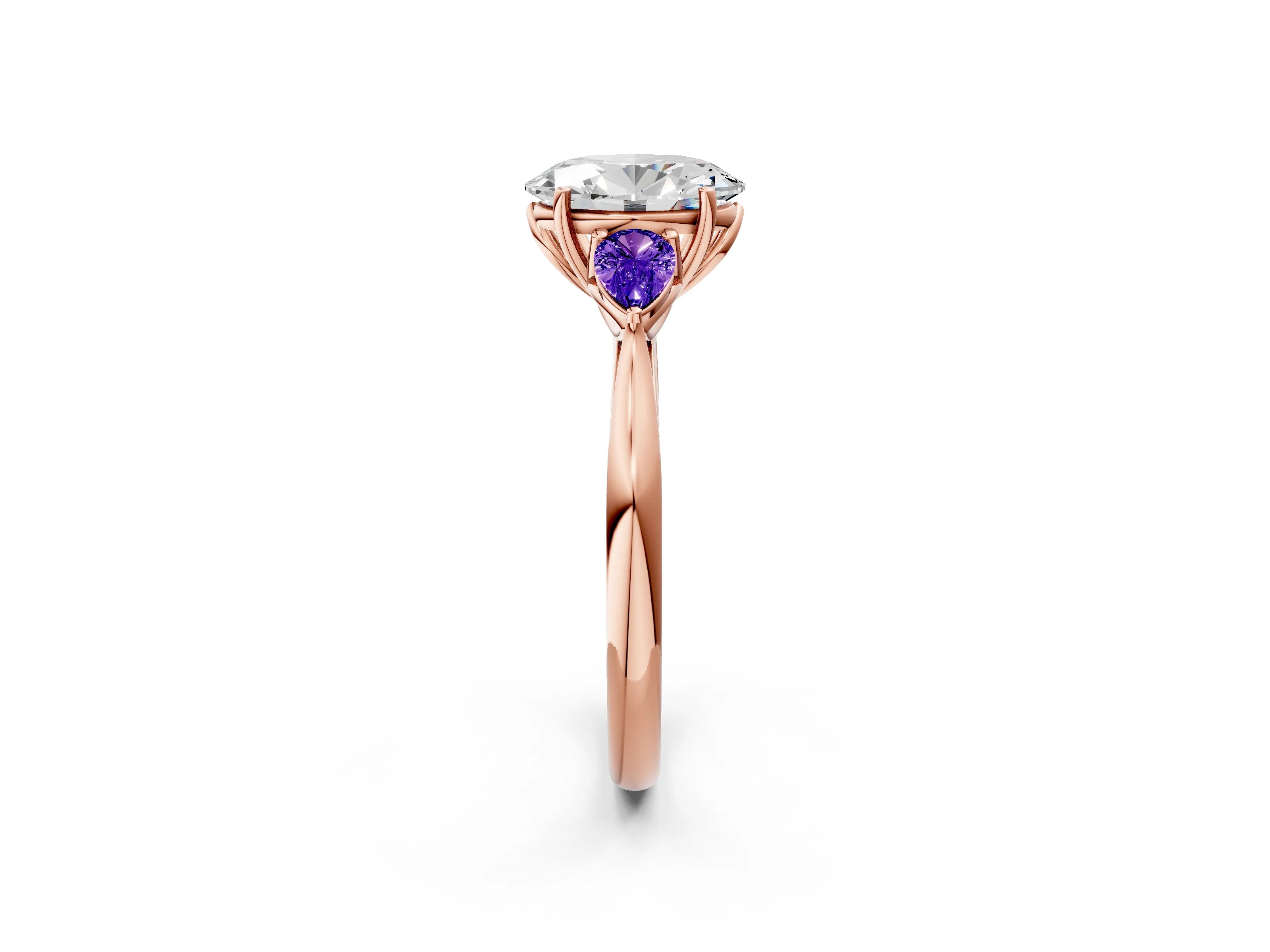 Rose gold Oval Cut Diamond Three-Stone Ring with Pear with Tanzanite side stone Side Stones and Prong Setting_2