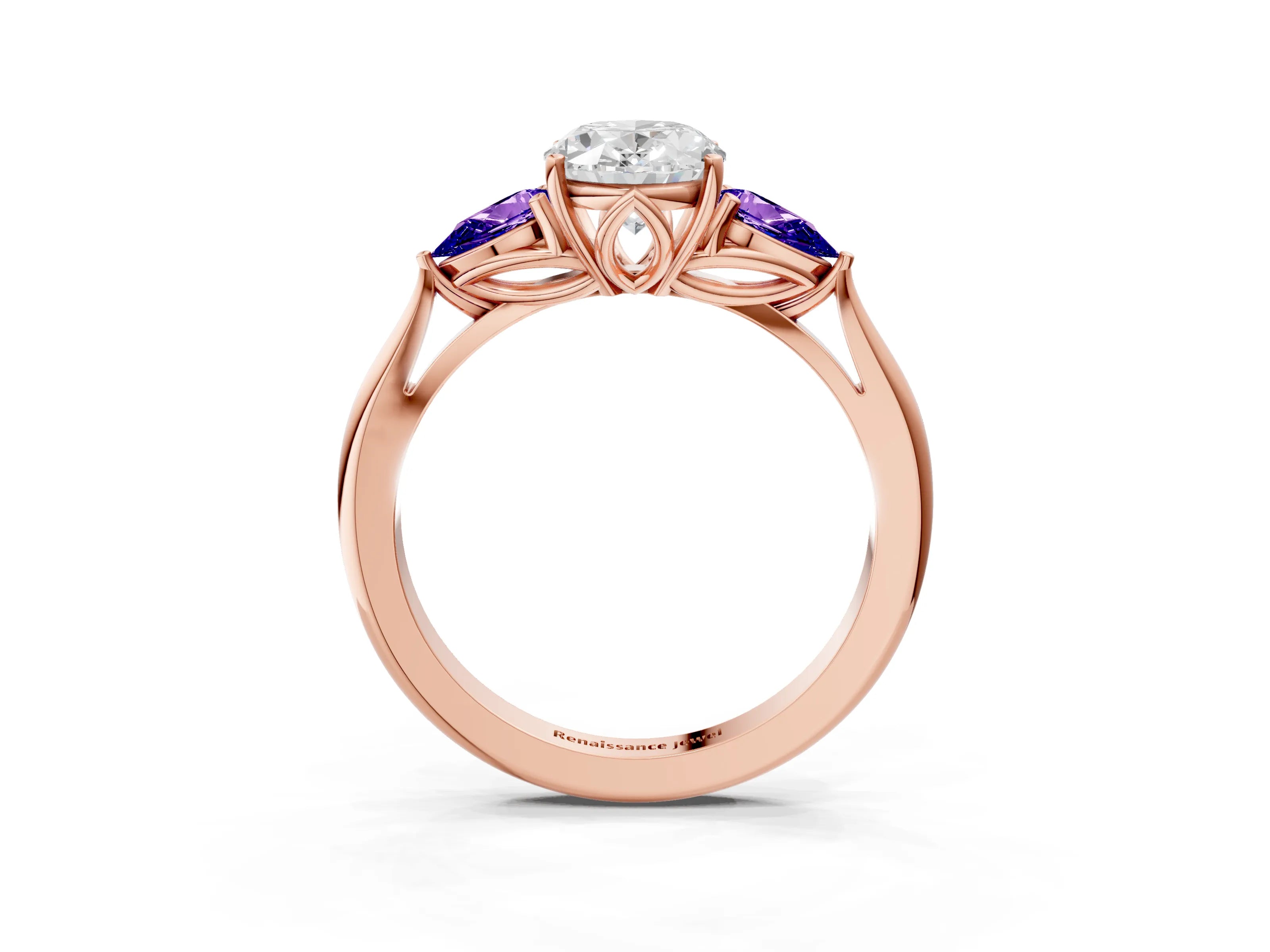 Rose gold Oval Cut Diamond Three-Stone Ring with Pear with Tanzanite side stone Side Stones and Prong Setting_3