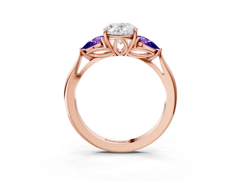 Rose gold Oval Cut Diamond Three-Stone Ring with Pear with Tanzanite side stone Side Stones and Prong Setting_3