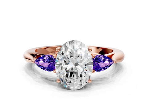 Rose gold Oval Cut Diamond Three-Stone Ring with Pear with Tanzanite side stone Side Stones and Prong Setting