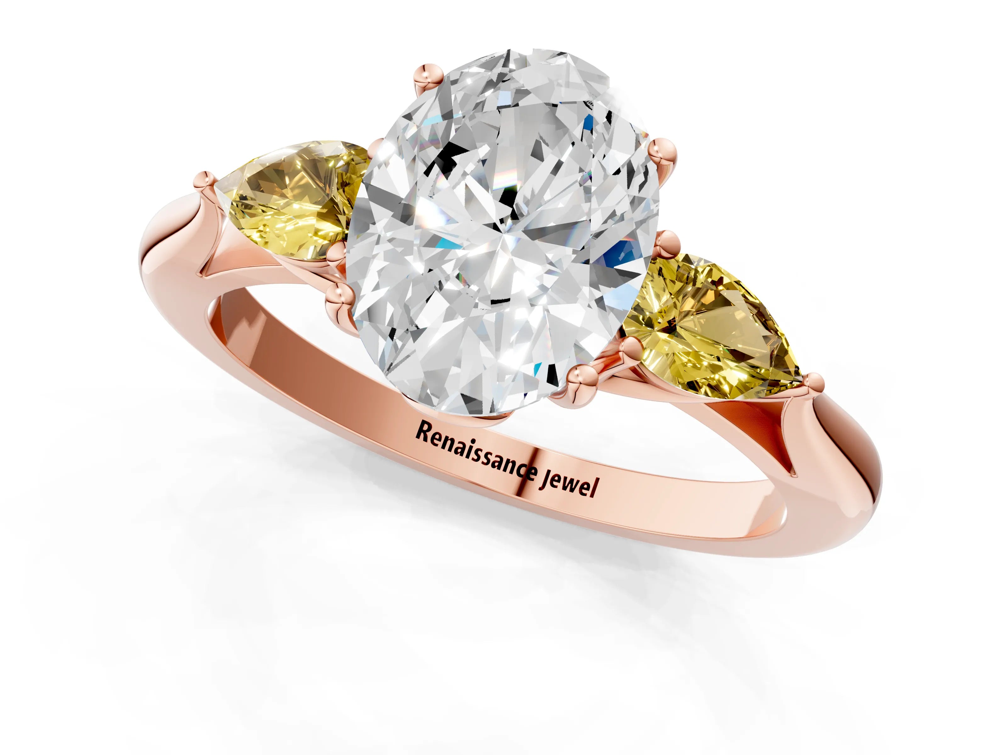 Rose gold Oval Cut Diamond Three-Stone Ring with Pear with Yellow Sapphire side stone Side Stones and Prong Setting_1