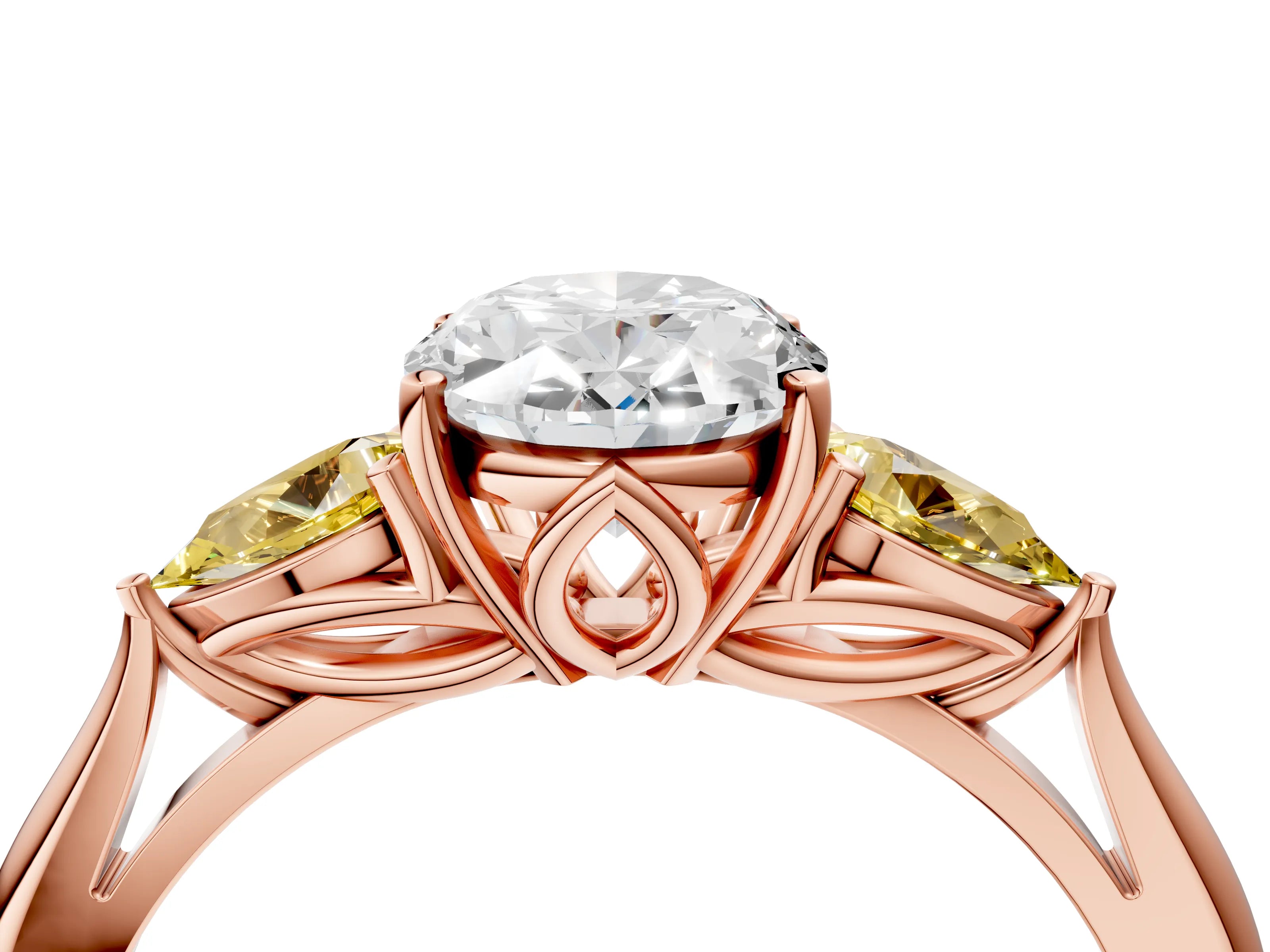 Rose gold Oval Cut Diamond Three-Stone Ring with Pear with Yellow Sapphire side stone Side Stones and Prong Setting_4