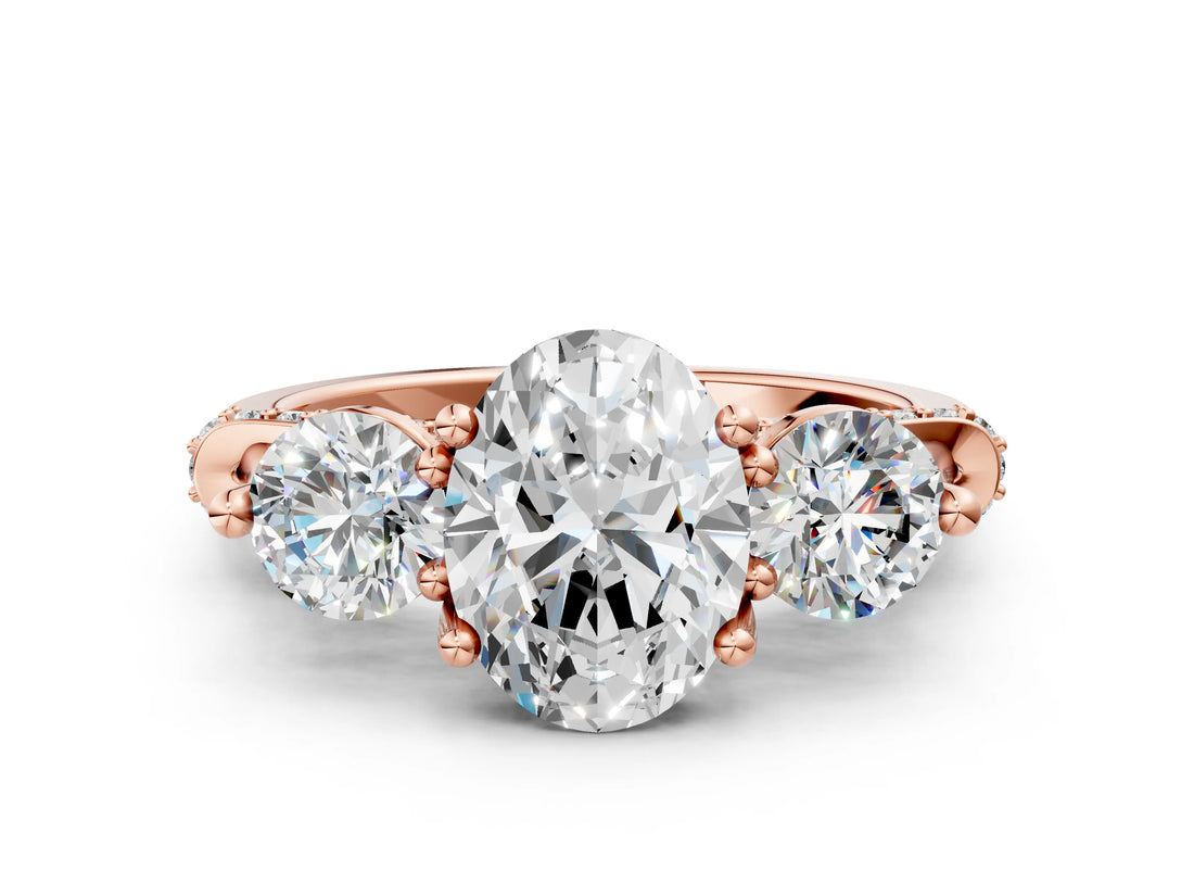 Rose gold Oval Cut Diamond Three-Stone Ring with Prong Setting and Pavé Band_3