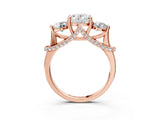 Rose gold Oval Cut Diamond Three-Stone Ring with Prong Setting and Pavé Band_6