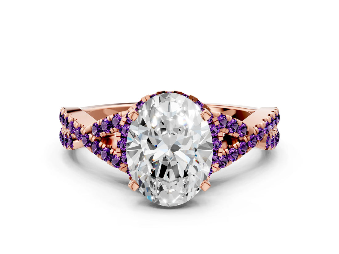 Rose gold Oval Cut Diamond with Amethyst side stone Halo Twist Band Solitaire Prong Setting Ring_12
