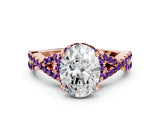 Rose gold Oval Cut Diamond with Amethyst side stone Halo Twist Band Solitaire Prong Setting Ring_12