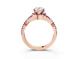 Rose gold Oval Cut Diamond with Amethyst side stone Halo Twist Band Solitaire Prong Setting Ring_15