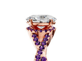 Rose gold Oval Cut Diamond with Amethyst side stone Halo Twist Band Solitaire Prong Setting Ring_17