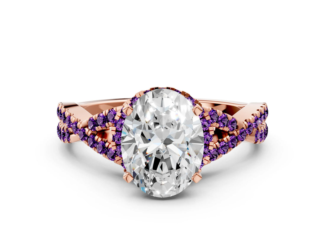 Rose gold Oval Cut Diamond with Amethyst side stone Halo Twist Band Solitaire Prong Setting Ring_24