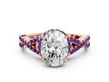 Rose gold Oval Cut Diamond with Amethyst side stone Halo Twist Band Solitaire Prong Setting Ring_24