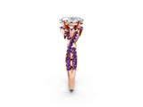 Rose gold Oval Cut Diamond with Amethyst side stone Halo Twist Band Solitaire Prong Setting Ring_26