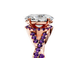 Rose gold Oval Cut Diamond with Amethyst side stone Halo Twist Band Solitaire Prong Setting Ring_29