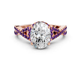Rose gold Oval Cut Diamond with Amethyst side stone Halo Twist Band Solitaire Prong Setting Ring_36