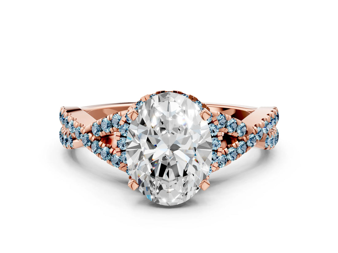 Rose gold Oval Cut Diamond with Aquamarine side stone Halo Twist Band Solitaire Prong Setting Ring_36