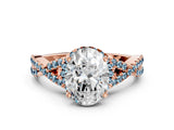 Rose gold Oval Cut Diamond with Aquamarine side stone Halo Twist Band Solitaire Prong Setting Ring_36