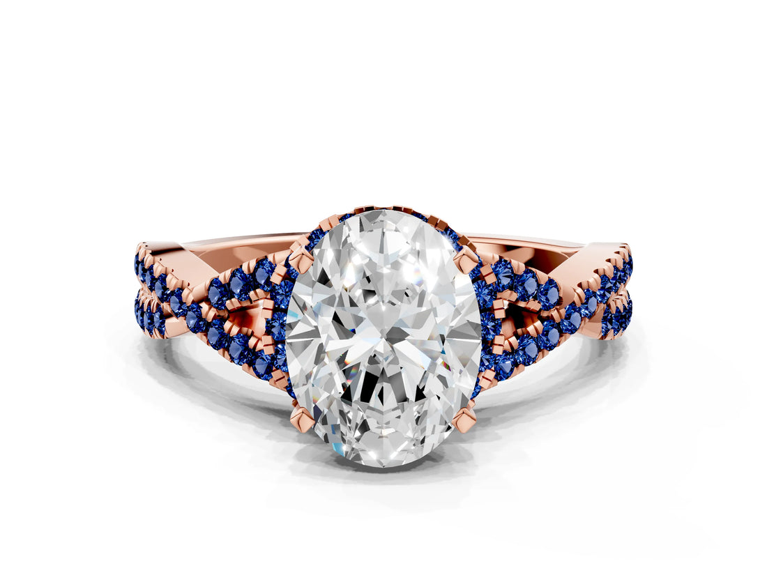 Rose gold Oval Cut Diamond with Blue Sapphire side stone Halo Twist Band Solitaire Prong Setting Ring_12