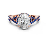 Rose gold Oval Cut Diamond with Blue Sapphire side stone Halo Twist Band Solitaire Prong Setting Ring_12