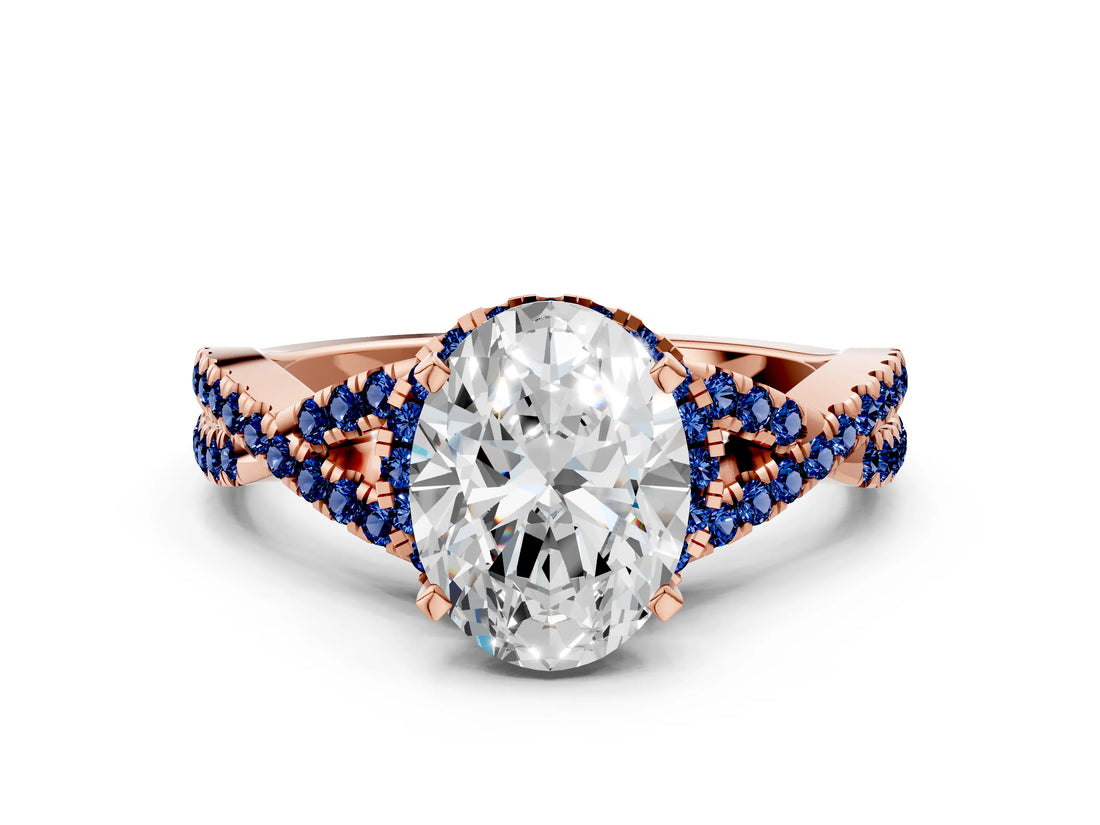 Rose gold Oval Cut Diamond with Blue Sapphire side stone Halo Twist Band Solitaire Prong Setting Ring_36
