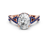 Rose gold Oval Cut Diamond with Blue Sapphire side stone Halo Twist Band Solitaire Prong Setting Ring_36