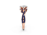 Rose gold Oval Cut Diamond with Blue Sapphire side stone Halo Twist Band Solitaire Prong Setting Ring_38