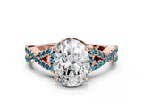 Rose gold Oval Cut Diamond with Blue Topaz side stone Halo Twist Band Solitaire Prong Setting Ring_12