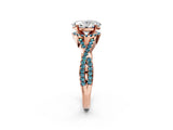 Rose gold Oval Cut Diamond with Blue Topaz side stone Halo Twist Band Solitaire Prong Setting Ring_14
