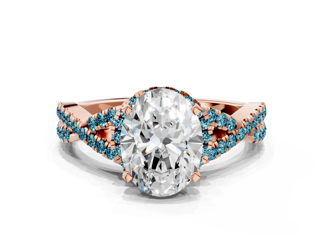 Rose gold Oval Cut Diamond with Blue Topaz side stone Halo Twist Band Solitaire Prong Setting Ring_36