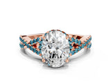 Rose gold Oval Cut Diamond with Blue Topaz side stone Halo Twist Band Solitaire Prong Setting Ring_36