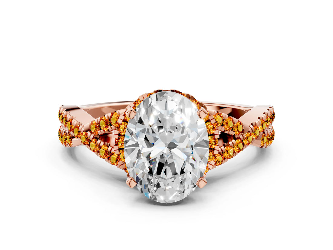 Rose gold Oval Cut Diamond with Citrine side stone Halo Twist Band Solitaire Prong Setting Ring_12