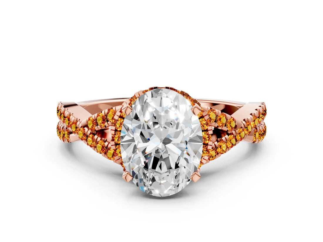 Rose gold Oval Cut Diamond with Citrine side stone Halo Twist Band Solitaire Prong Setting Ring_36