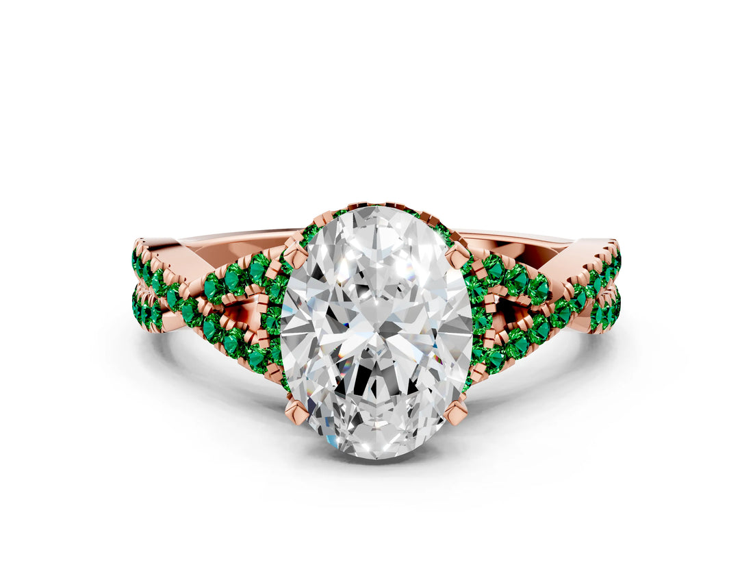 Rose gold Oval Cut Diamond with Emerald side stone Halo Twist Band Solitaire Prong Setting Ring_12
