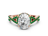 Rose gold Oval Cut Diamond with Emerald side stone Halo Twist Band Solitaire Prong Setting Ring_12